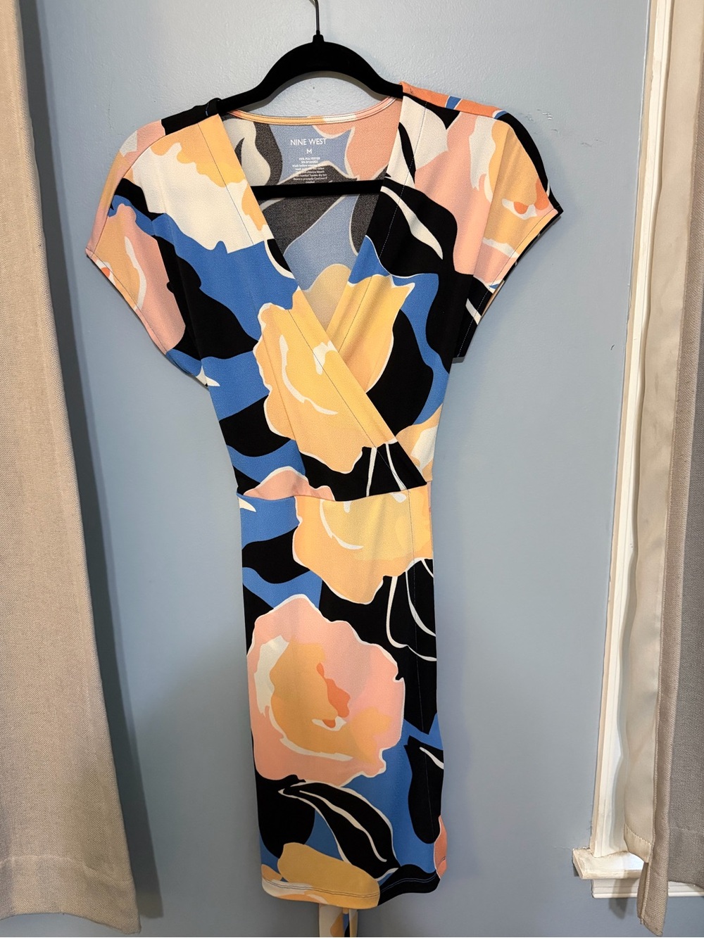 Nine West Colorblock Floral Wrap Dress in Blue, Black, Peach, Yellow